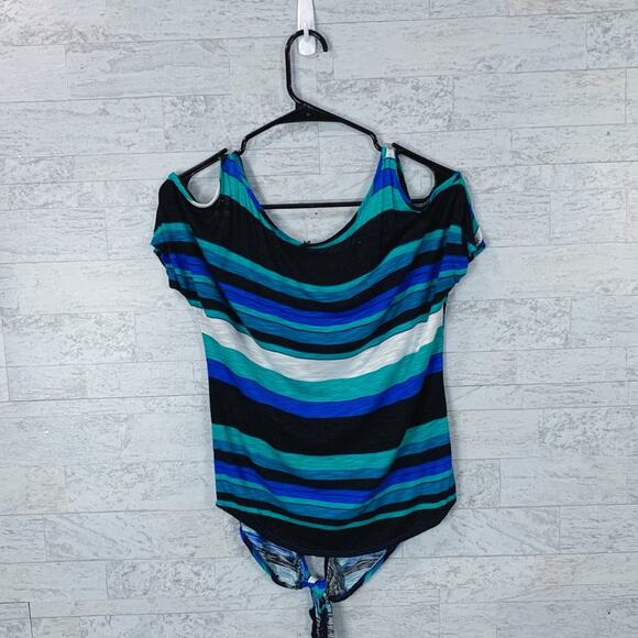 Full Tilt striped cold shoulder short sleeve blouse front tie teal - Picture 3 of 5